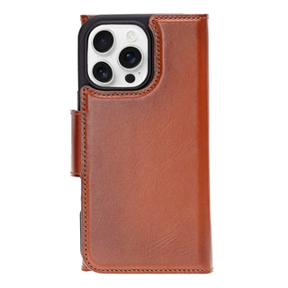 Tudor Tri-Fold Leather Wallet Case – iPhone 16 Pro Max, Burnished Tan