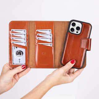 Tudor Tri-Fold Leather Wallet Case – iPhone 16 Pro Max, Burnished Tan