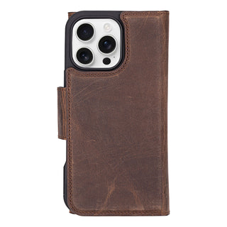 Tudor Tri-Fold Leather Wallet Case – iPhone 16 Pro Max, Distressed Coffee