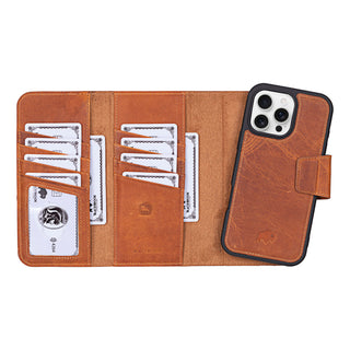 Tudor Tri-Fold Leather Wallet Case – iPhone 16 Pro Max, Golden Brown