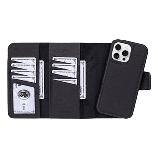 Tudor Tri-Fold Leather Wallet Case – iPhone 16 Pro Max, Pebble Black