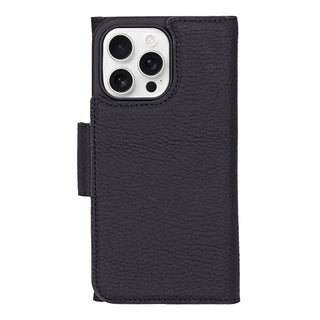 Tudor Tri-Fold Leather Wallet Case – iPhone 16 Pro Max, Pebble Black