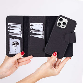 Tudor Tri-Fold Leather Wallet Case – iPhone 16 Pro Max, Pebble Black