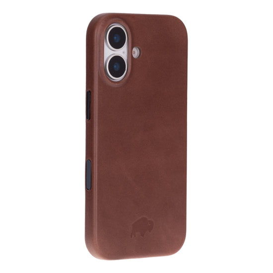 Brown leather Arden MagSafe snap-on case for iPhone 17.