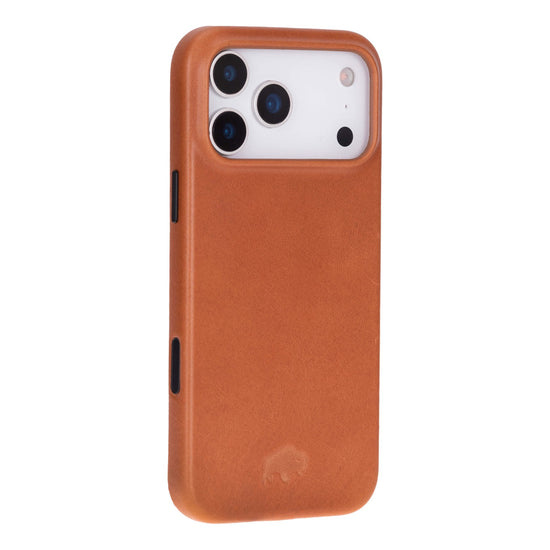 Arden Snap On Case iPhone 17 Pro Tan Full grain leather iPhone 17 Pro case with built in MagSafe magnets and a leather wrapped camera ring.