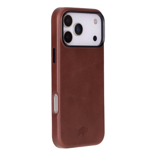 Barlow Leather Snap On Case Brown iPhone 17 Pro Max full-grain leather case with metal camera ring and full side protection