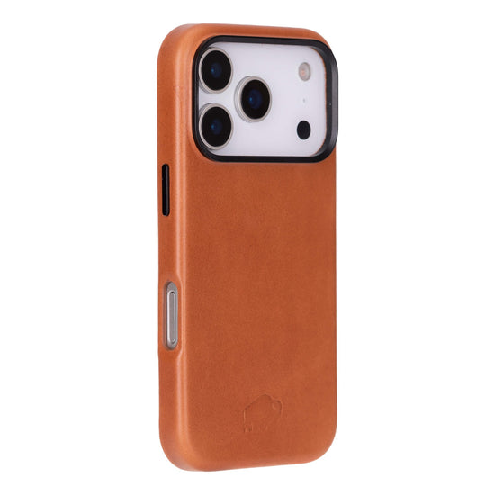 Barlow Leather Snap On Case Tan iPhone 17 Pro Tan full grain leather iPhone 17 Pro case with MagSafe compatibility and a raised metal camera ring.