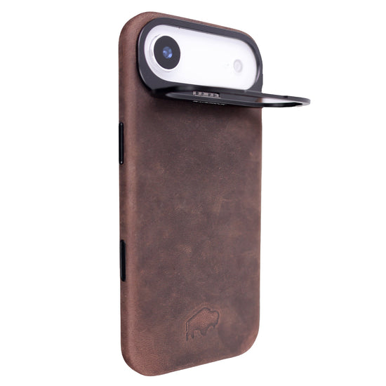 Barlow Leather MagSafe Case with Stand showcasing secure protection and hands free viewing for iPhone
