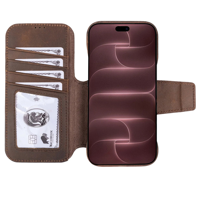 Burkley 2-in-1 Full-Grain Leather Detachable Wallet Case for iPhone 17 Pro Max, Distressed Coffee - BlackBrook Case