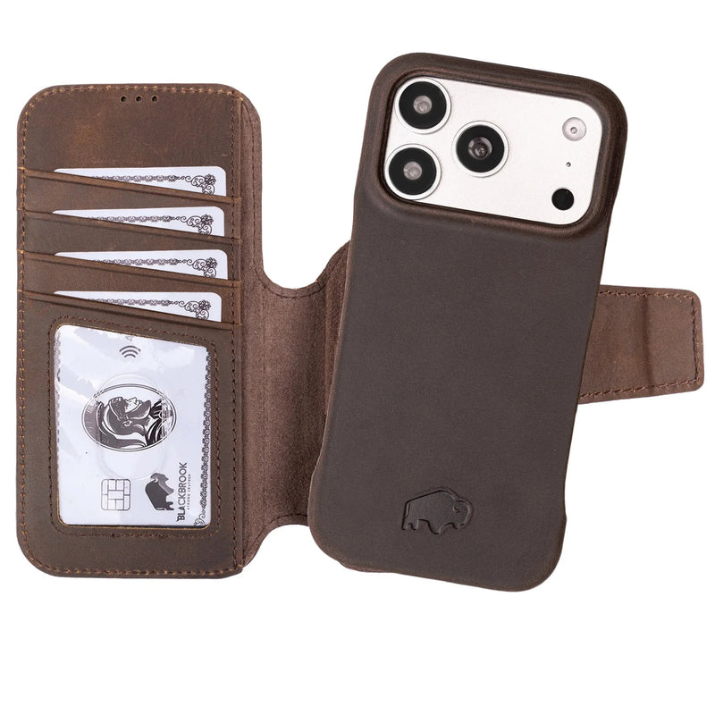 Burkley 2-in-1 Full-Grain Leather Detachable Wallet Case for iPhone 17 Pro Max, Distressed Coffee - BlackBrook Case