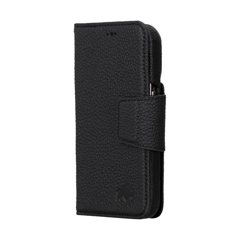 iPhone 15 Pro Leather Wallet Case - Burkley Classic 2-in-1 Detachable Folio, Pebble Black - BlackBrook Case