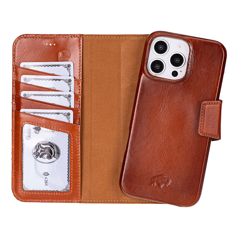 iPhone 16 Pro Max Leather Wallet Case - Burkley Classic 2 - in - 1 Detachable Folio, Burnished Tan - BlackBrook Case