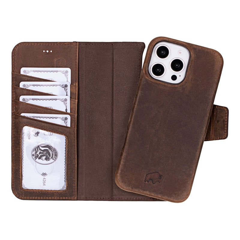 Burkley 2 in 1 Leather iPhone 16 Pro Max Wallet Case, Distressed Coffee - BlackBrook Case