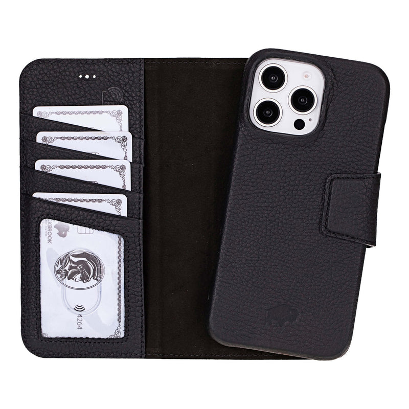 iPhone 16 Pro Max Leather Wallet Case - Burkley Classic 2 - in - 1 Detachable Folio, Pebble Black - BlackBrook Case