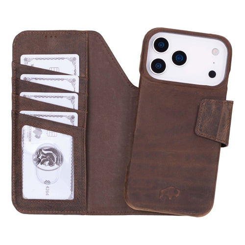 Burkley Classic Leather Wallet Case Distressed Coffee for iPhone 17 Pro Max with full-grain leather construction and card storage