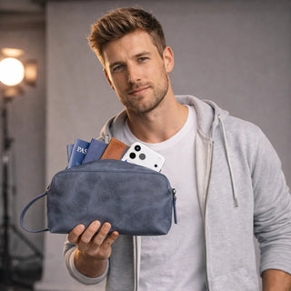 Man holding a blue toiletry bag with travel items against a neutral background