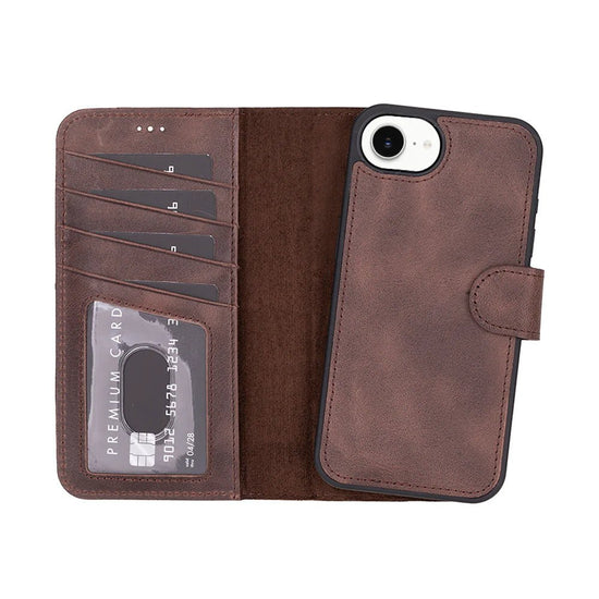 Carter Detachable Leather iPhone 17e Wallet Case Dark Brown premium leather wallet case with detachable magnetic phone cover and card holder design.