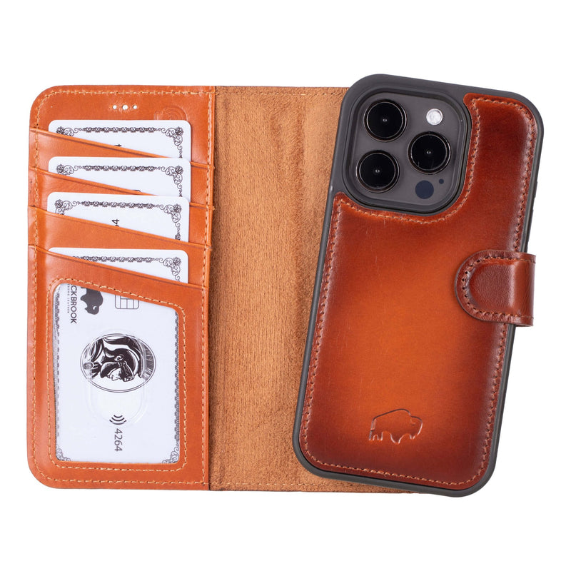 Carter Detachable Leather iPhone 15 Pro Max Wallet Case, Burnished Tan - BlackBrook Case
