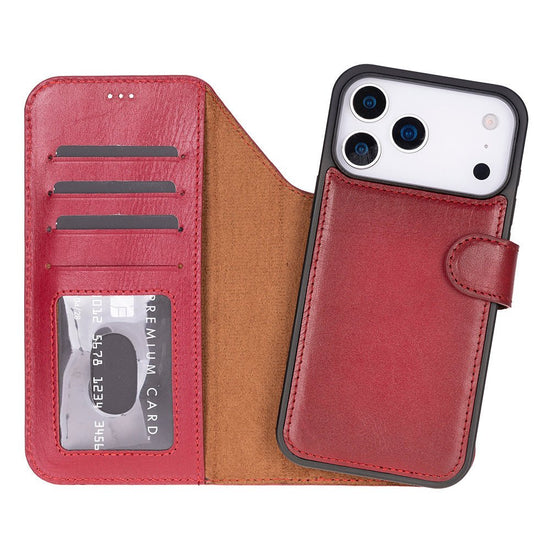 Red leather Carter detachable-wallet folio case for iPhone 17 Pro with built-in MagSafe ring.