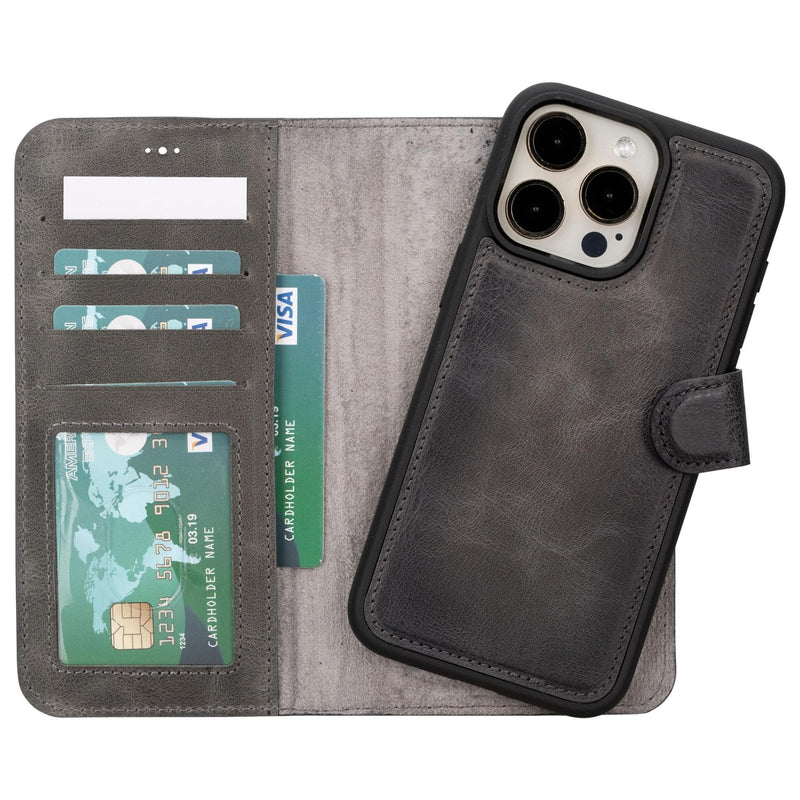 Carter Detachable Leather iPhone 15 Pro Max Wallet Case, Vesselle Gray - BlackBrook Case