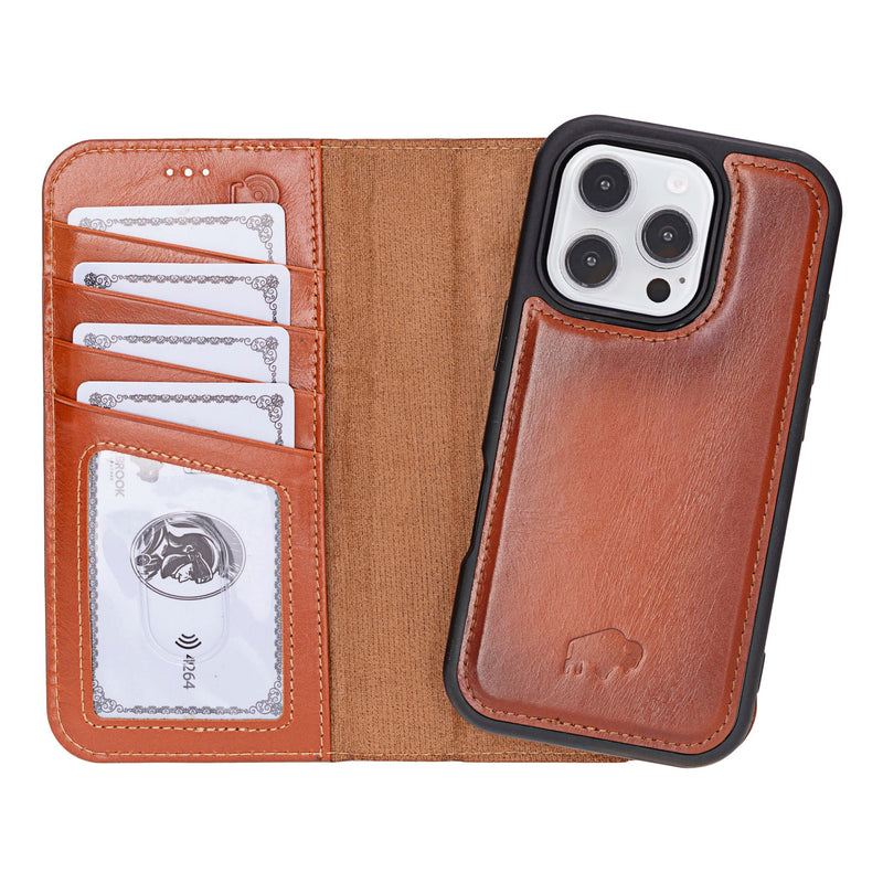 Carter Detachable Leather iPhone 16 Pro Max Wallet Case, Burnished Tan - BlackBrook Case