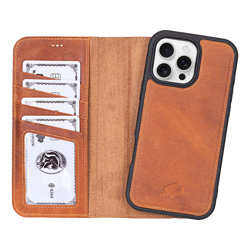Carter Detachable Leather iPhone 16 Pro Max Wallet Case, Golden Brown - BlackBrook Case