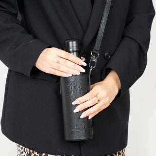 Castaway Full‑Grain Leather Crossbody Water Bottle Holder, Black - BlackBrook Case