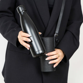 Castaway Full‑Grain Leather Crossbody Water Bottle Holder, Black - BlackBrook Case
