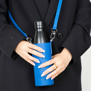 Castaway Full‑Grain Leather Crossbody Water Bottle Holder, Blue - BlackBrook Case