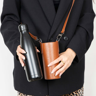 Castaway Full‑Grain Leather Crossbody Water Bottle Holder, Brown - BlackBrook Case
