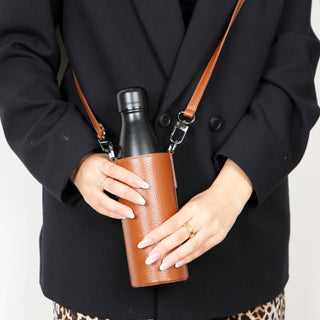 Castaway Full‑Grain Leather Crossbody Water Bottle Holder, Brown - BlackBrook Case
