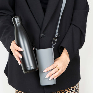 Castaway Full‑Grain Leather Crossbody Water Bottle Holder, Gray - BlackBrook Case