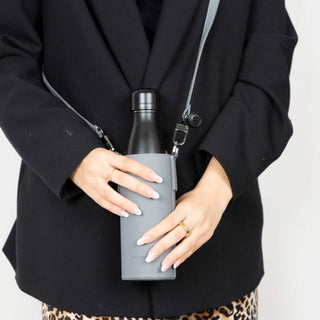 Castaway Full‑Grain Leather Crossbody Water Bottle Holder, Gray - BlackBrook Case