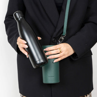 Castaway Full‑Grain Leather Crossbody Water Bottle Holder, Green - BlackBrook Case