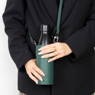 Castaway Full‑Grain Leather Crossbody Water Bottle Holder, Green - BlackBrook Case