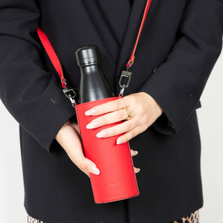 Castaway Full‑Grain Leather Crossbody Water Bottle Holder, Red - BlackBrook Case