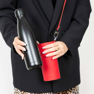 Castaway Full‑Grain Leather Crossbody Water Bottle Holder, Red - BlackBrook Case