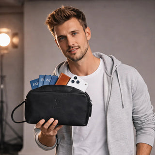 Man holding a black travel pouch with various items against a neutral background