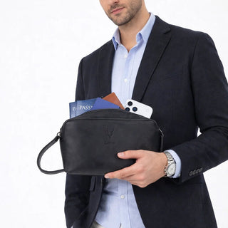 Carrera Montelaro — Full-Grain Cowhide Handheld & Toiletry Bag, Pebble Black