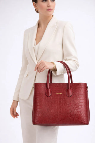 Carrera Novelya — Full-Grain Leather Top Handle Bag, Croco Red