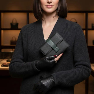 Elba Leather Women's Wallet, Black Green Band - UnBranded