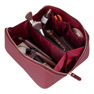 Ella Full‑Grain Leather Makeup Bag, Bordeaux - UnBranded