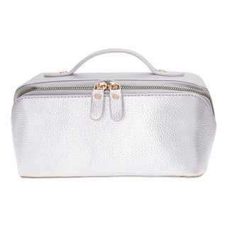 Ella Full‑Grain Leather Makeup Bag, Silver - BlackBrook Case