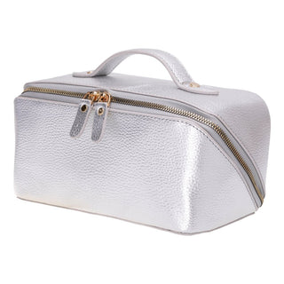 Ella Full‑Grain Leather Makeup Bag, Silver - BlackBrook Case