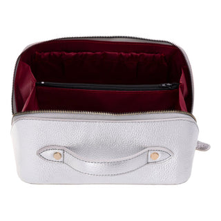 Ella Full‑Grain Leather Makeup Bag, Silver - BlackBrook Case
