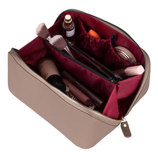 Ella Full‑Grain Leather Makeup Bag, Taupe - BlackBrook Case