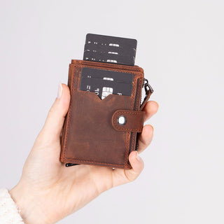 Harlow Full‑Grain Leather Pop‑Up Card Holder, Saddle Brown - BlackBrook Case