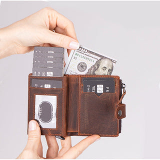 Harlow Full‑Grain Leather Pop‑Up Card Holder, Saddle Brown - BlackBrook Case