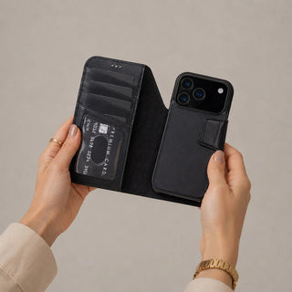 iPhone 17 Pro Leather Wallet Case - Burkley Classic 2-in-1 Detachable Folio, Rustic Black - BlackBrook Case