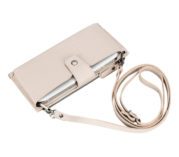 Lozan Full‑Grain Leather Crossbody Wallet – Beige